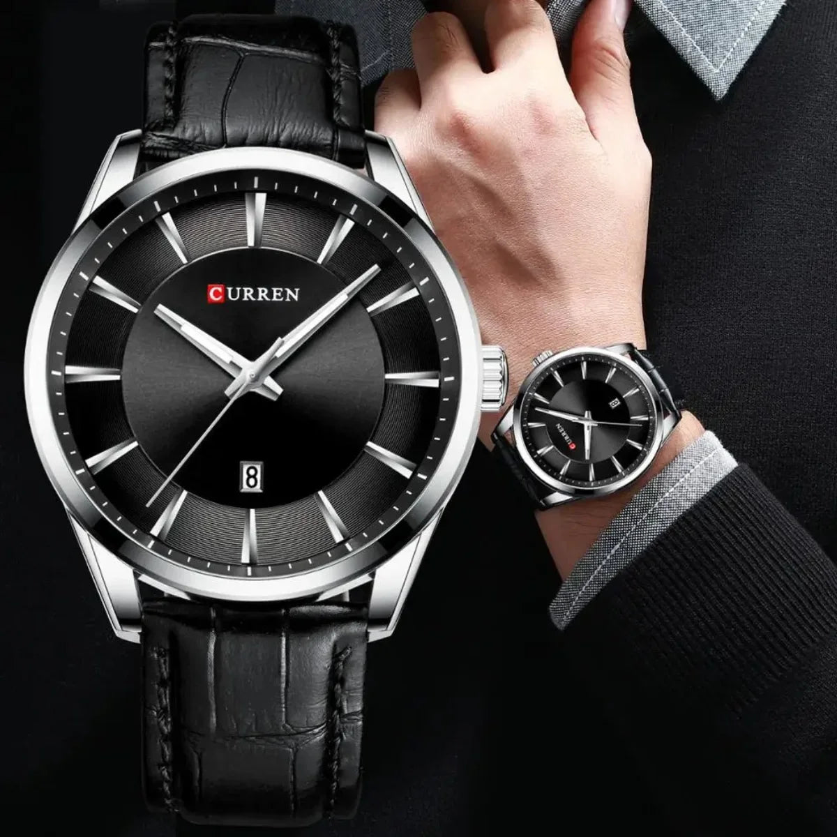 Black wristwatch with leather strap worn by a person, brand 'Curren' visible